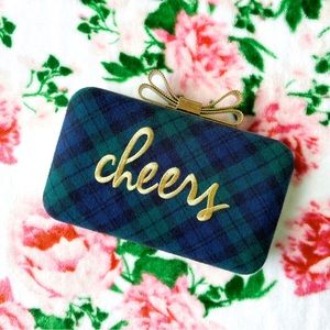 nwot talbots embroidered CHEERS green plaid + gold bow holiday clutch purse bag